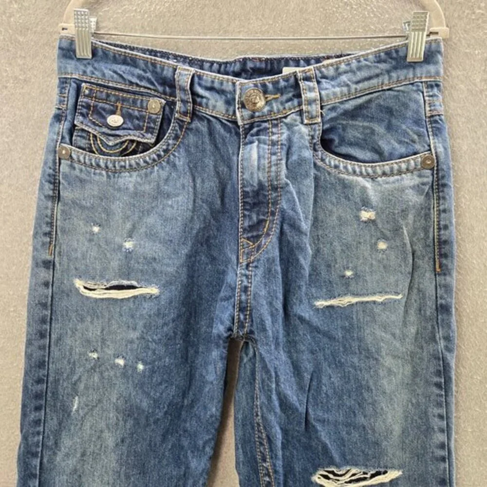 True Religion Man Jean Pants 32x38 Blue‎ Denim Distressed Dragon Embroidered